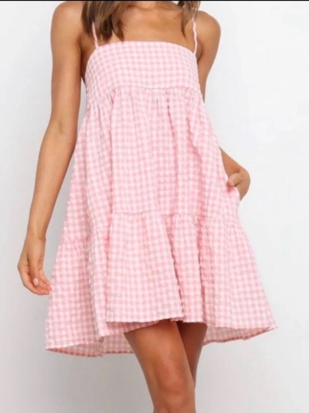 Petal + Pup Pink gingham tiered babydoll sundress